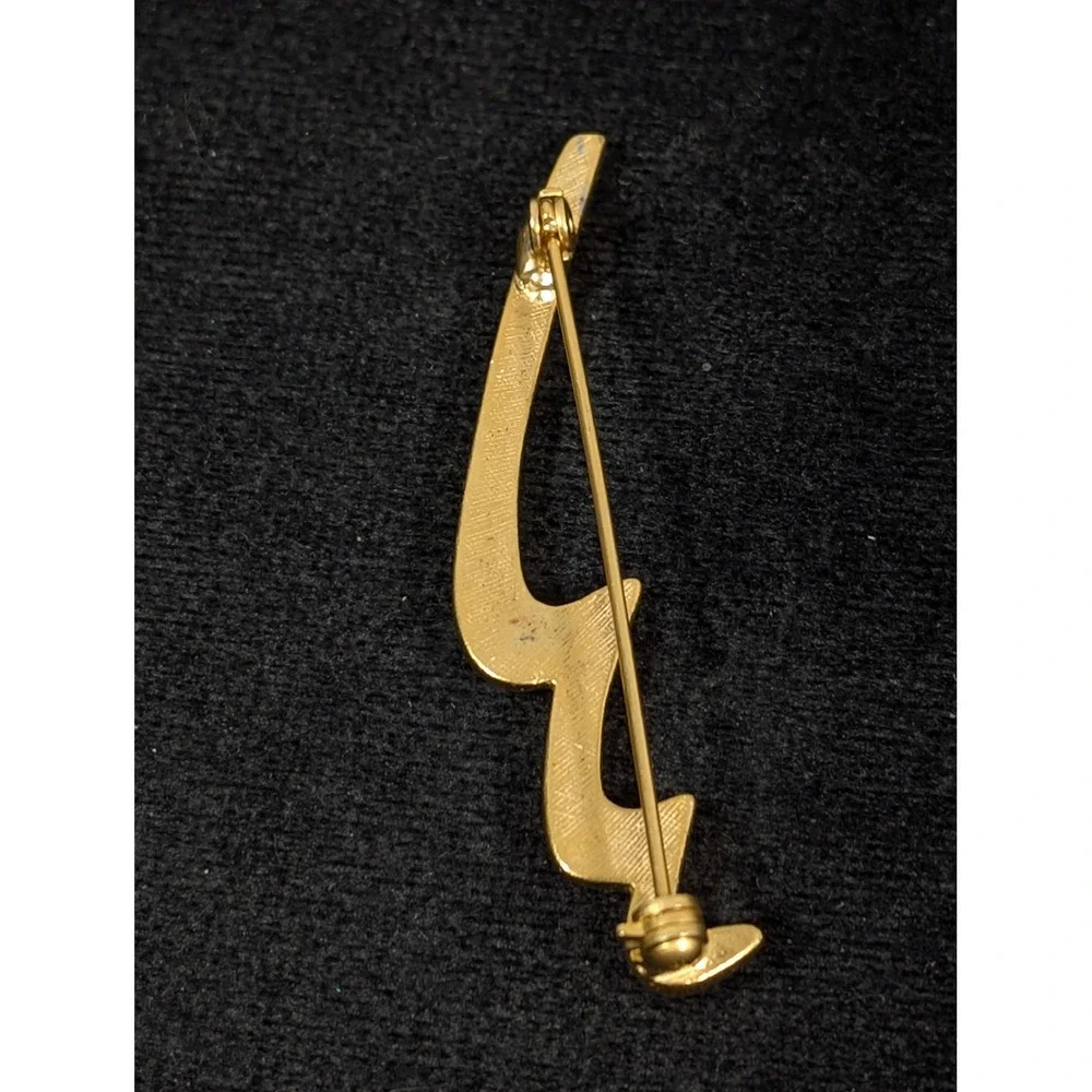 Vintage Gold Tone Matte Abstract Brooch 3‎ Rhinestone Modernist Pin Scribble